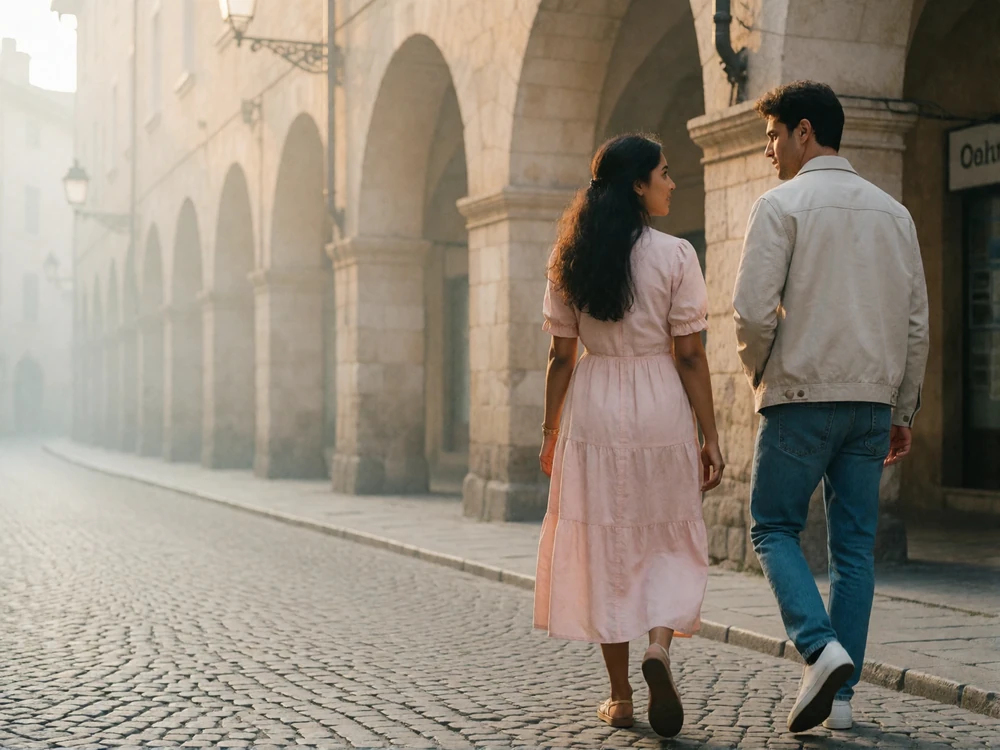 Indian woman and a Western man walking together through a quiet arcaded street in early morning