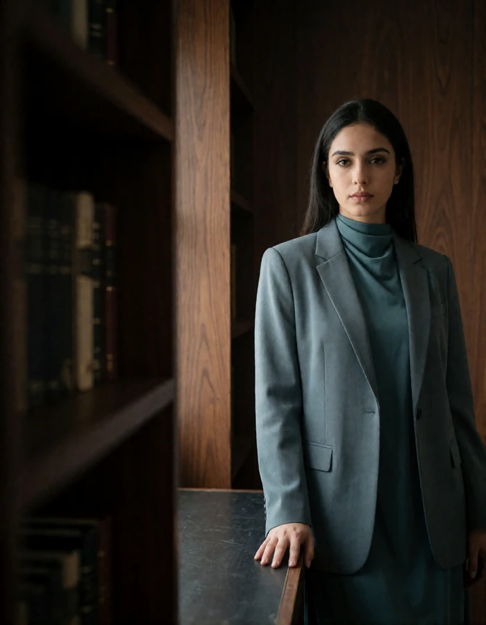Pakistani woman in her late twenties in a slate-grey blazer standing in a dim wood-panelled study