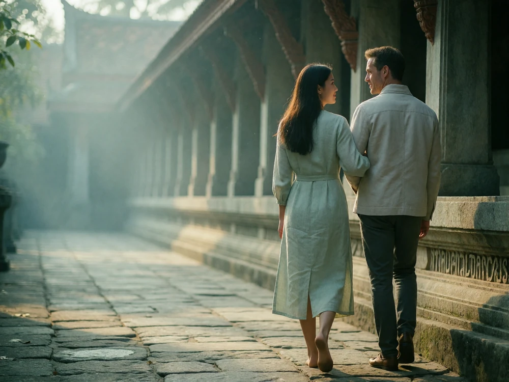 Thai woman and Western man walking arm in arm along a shaded stone temple walkway in early morning