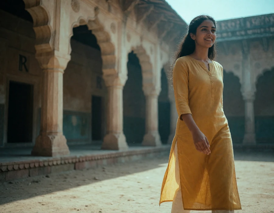 Young Indian woman in a mustard cotton kurta walking through a sunlit heritage courtyard