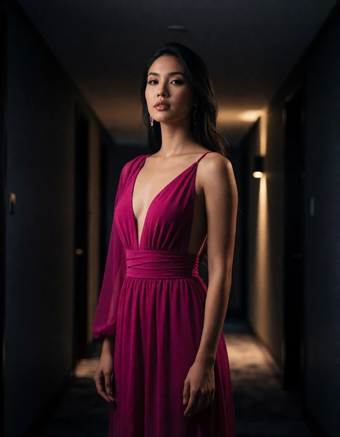 Thai woman in her early thirties in a deep magenta evening gown in a dim luxury hotel corridor