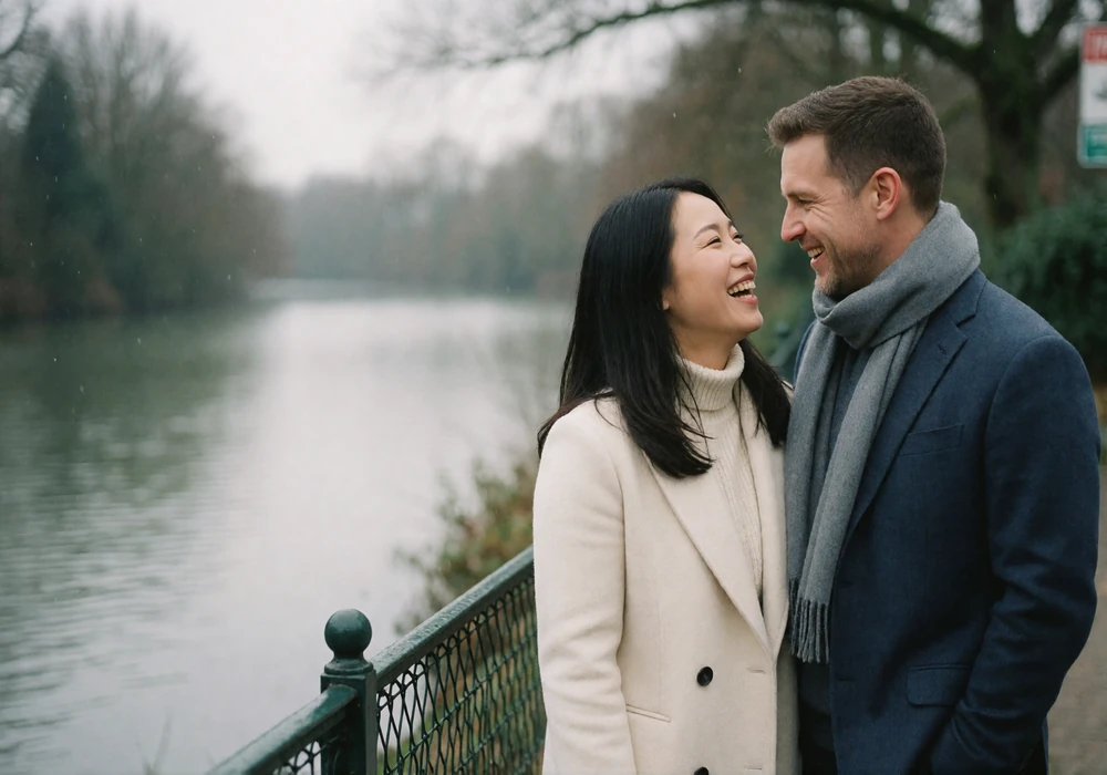 Couple in their thirties laughing together on a riverside walkway on an overcast winter day