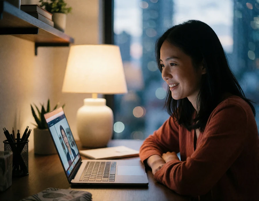 Asian woman seated at a home desk smiling during an evening video call with a softly glowing laptop screen