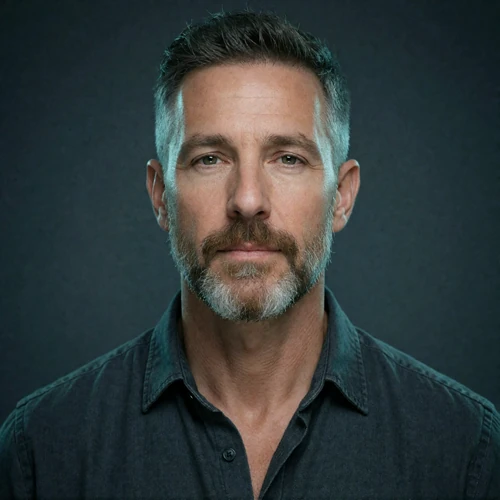 Portrait of a Western man in his early fifties with a short salt-and-pepper beard, a verified member of the Pakistani Dating community