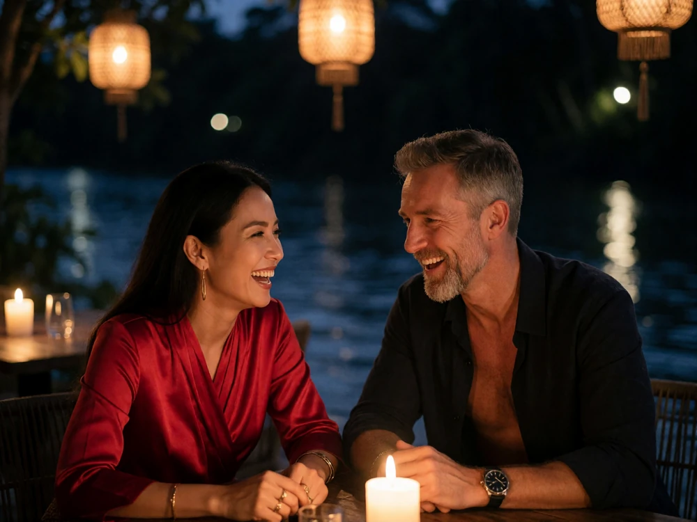 Thai woman and Western man laughing together at an outdoor riverside restaurant table at night