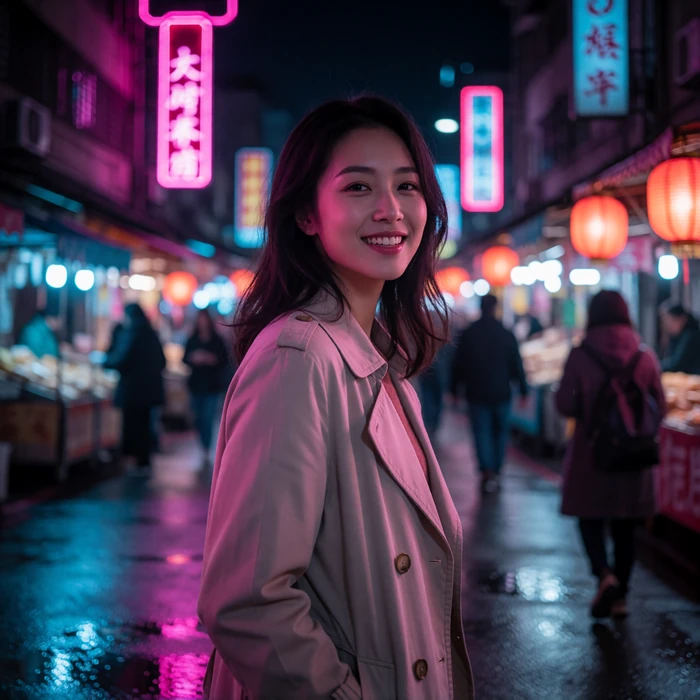 Taiwanese woman in her late twenties walking through a night market street lit with warm lantern glow