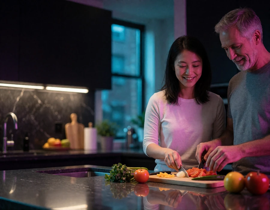 Asian woman and an older Western man preparing food together at a modern kitchen island