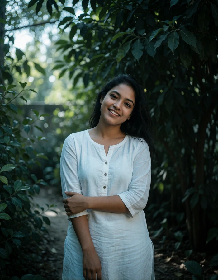 Bangladeshi woman in her mid-twenties in a white cotton kurti in a shaded garden, a verified member of the Bangladeshi Dating community