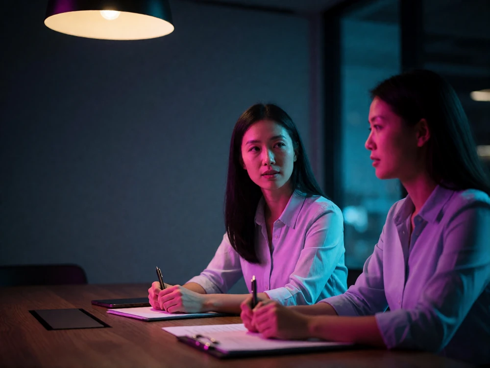 Two colleagues in a dark modern meeting room reviewing account safety and verification procedures