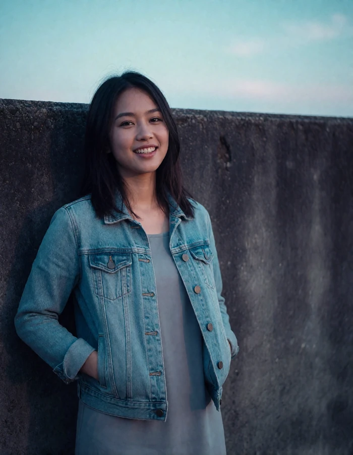 Thai woman in her mid-twenties in a light denim jacket leaning against a textured concrete wall