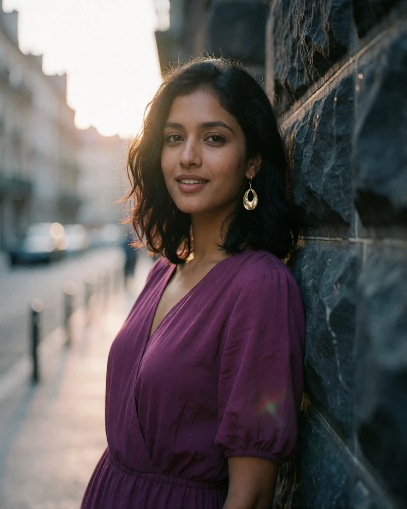 Sri Lankan woman in her mid twenties in a plum-colored dress leaning against a stone wall at golden hour