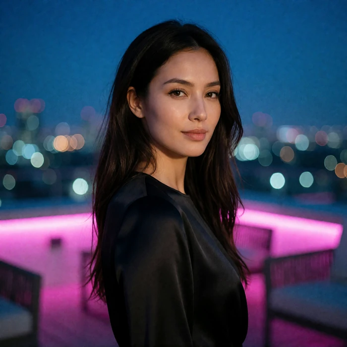 Kazakh woman in her late twenties in a black satin top on an upscale rooftop lounge at blue hour