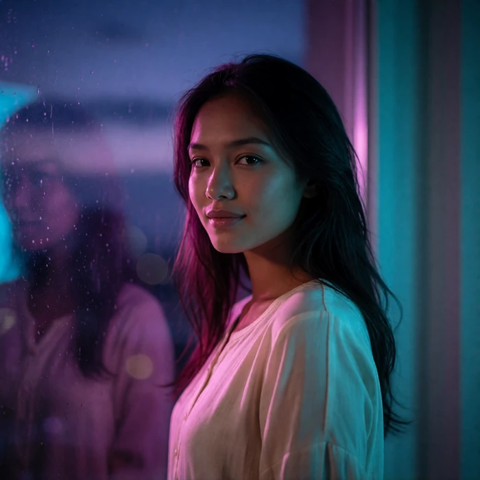 Burmese woman in her mid twenties in an ivory tunic beside a window at blue hour