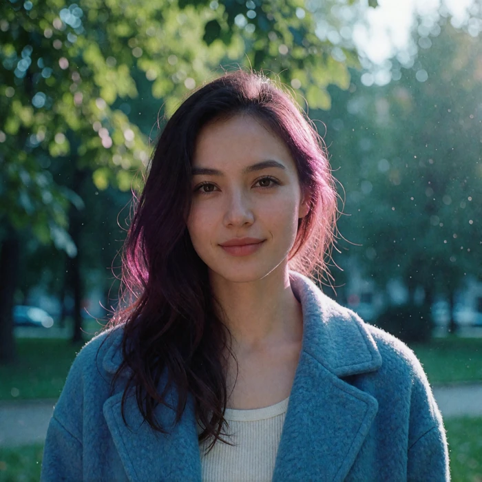 Kyrgyz woman in her late twenties in a soft blue coat smiling in a leafy city park