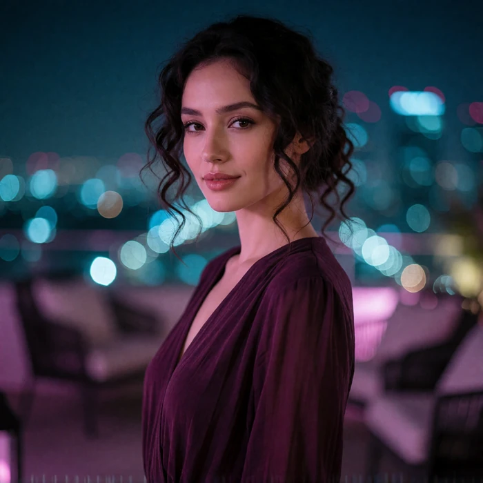 Uzbek woman in her late twenties in a deep plum dress on an upscale evening terrace