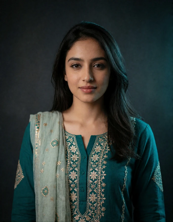 Pakistani woman in her mid-twenties in a teal embroidered kameez with a warm closed-lip smile against a dark charcoal wall