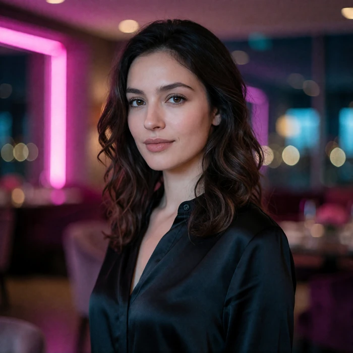 Turkmen woman in her late twenties in a black satin blouse with a composed half-smile in an upscale evening lounge