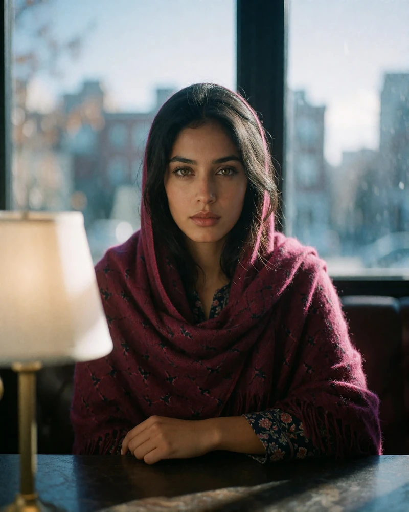 Afghan woman in her early thirties with a burgundy shawl seated at a dim table with soft lamp light