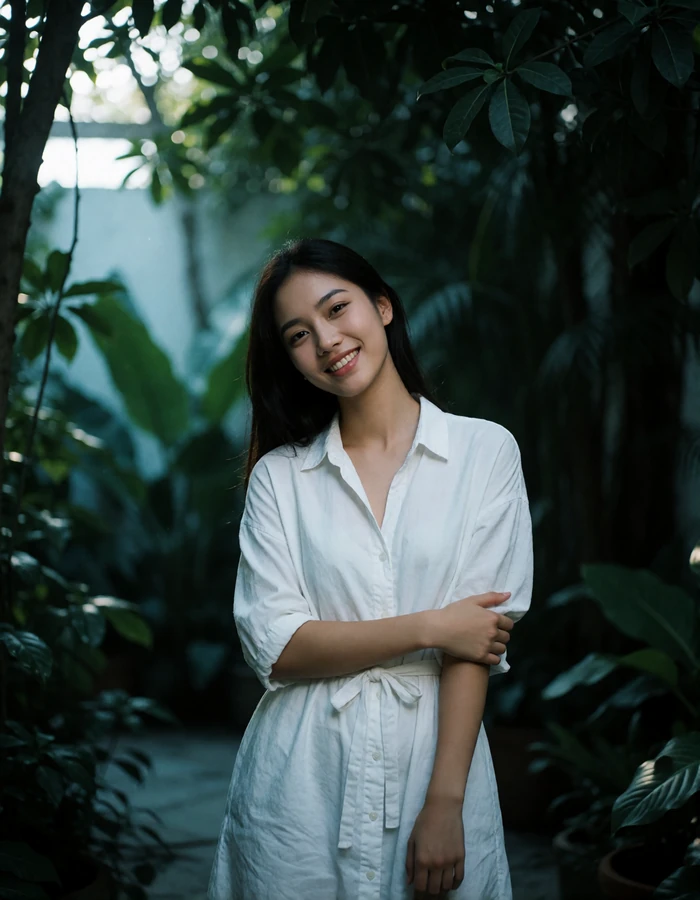 Thai woman in her mid-twenties in a white cotton shirt dress standing in a shaded tropical garden