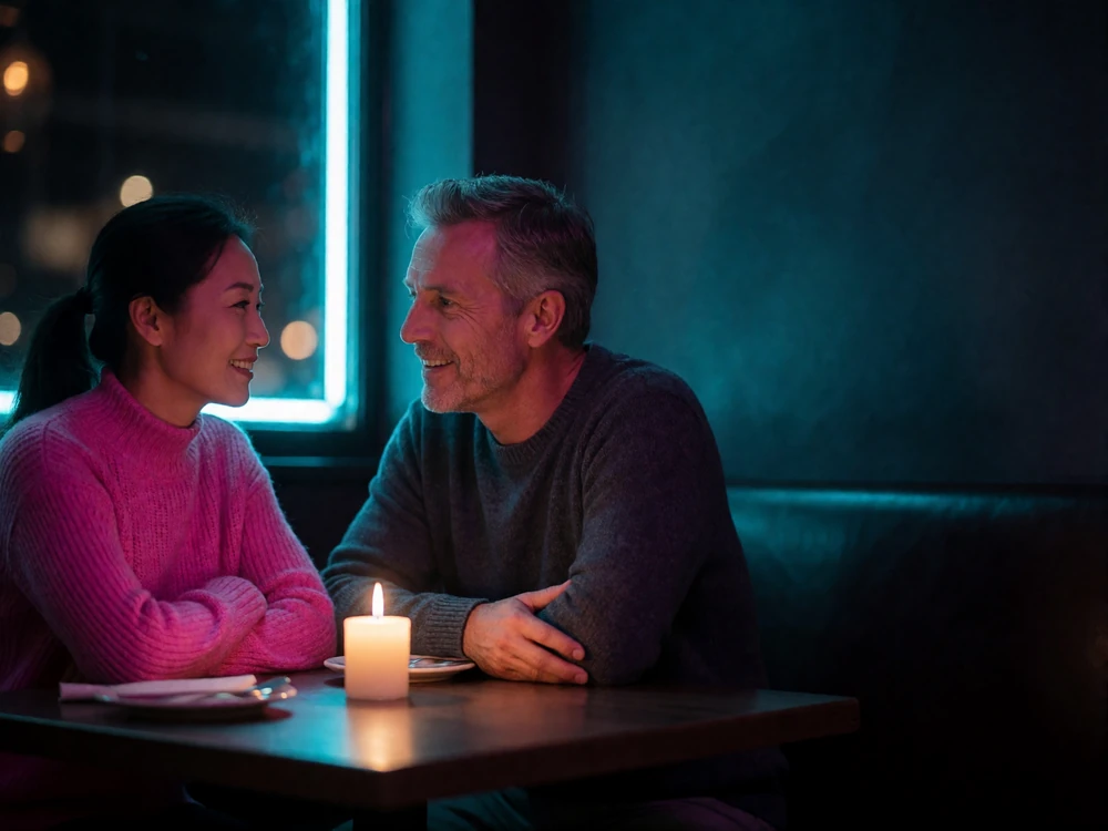 Couple sharing a quiet candlelit dinner conversation in an intimate restaurant setting