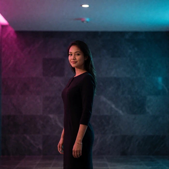 Cambodian woman in her early thirties standing confidently in a modern hotel lobby wearing a tailored black dress