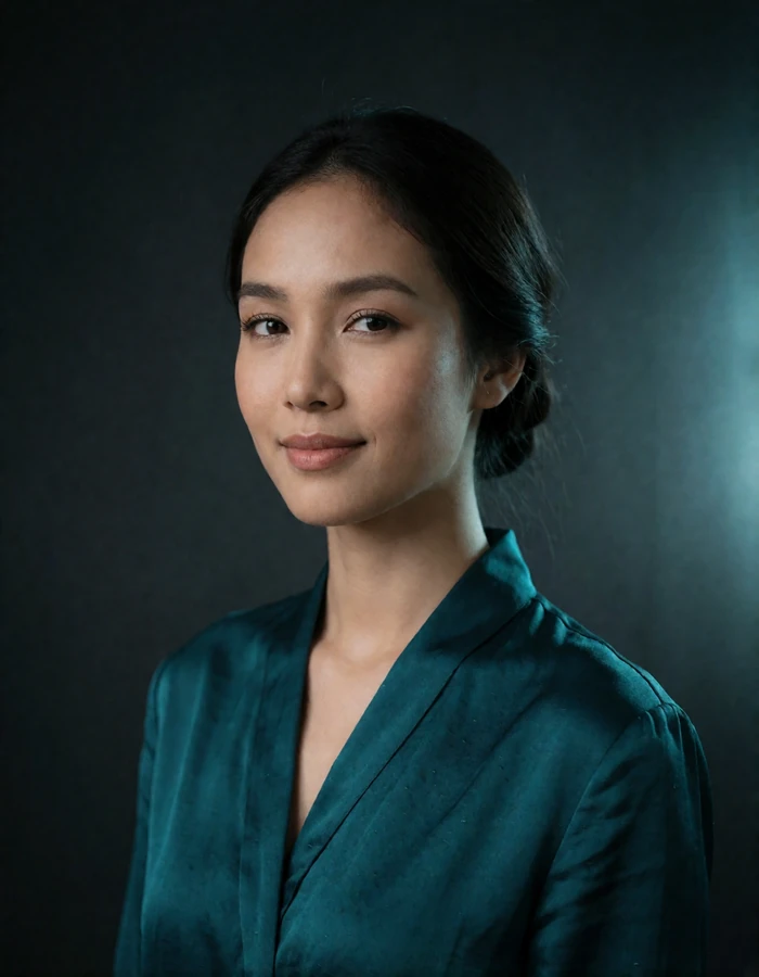 Thai woman in her mid-twenties in a teal silk blouse, a verified member of the Thai Dating community