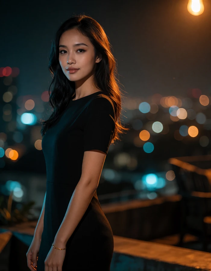 Indonesian woman in her early thirties in a black dress standing on a night rooftop lounge with a city skyline behind her