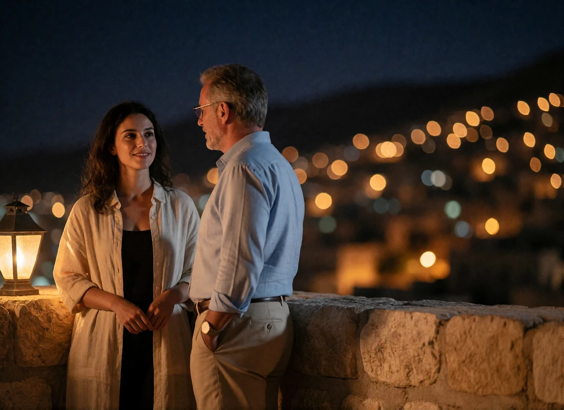 Jordanian woman and an older Western man in relaxed conversation at a stone rooftop parapet overlooking city lights at night