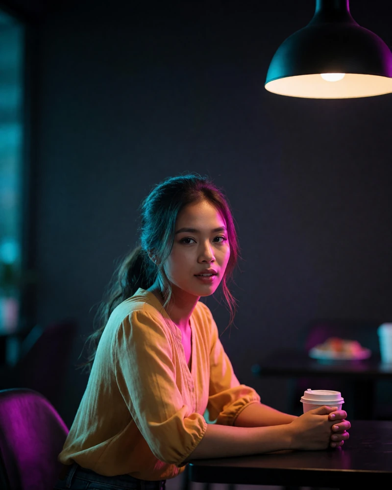 Filipino woman around thirty in a mustard blouse seated at a small table in a modern cafe interior