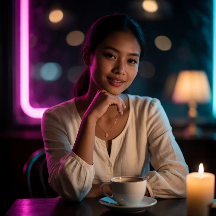 Burmese woman in her late twenties in a cream linen blouse seated at a small café table