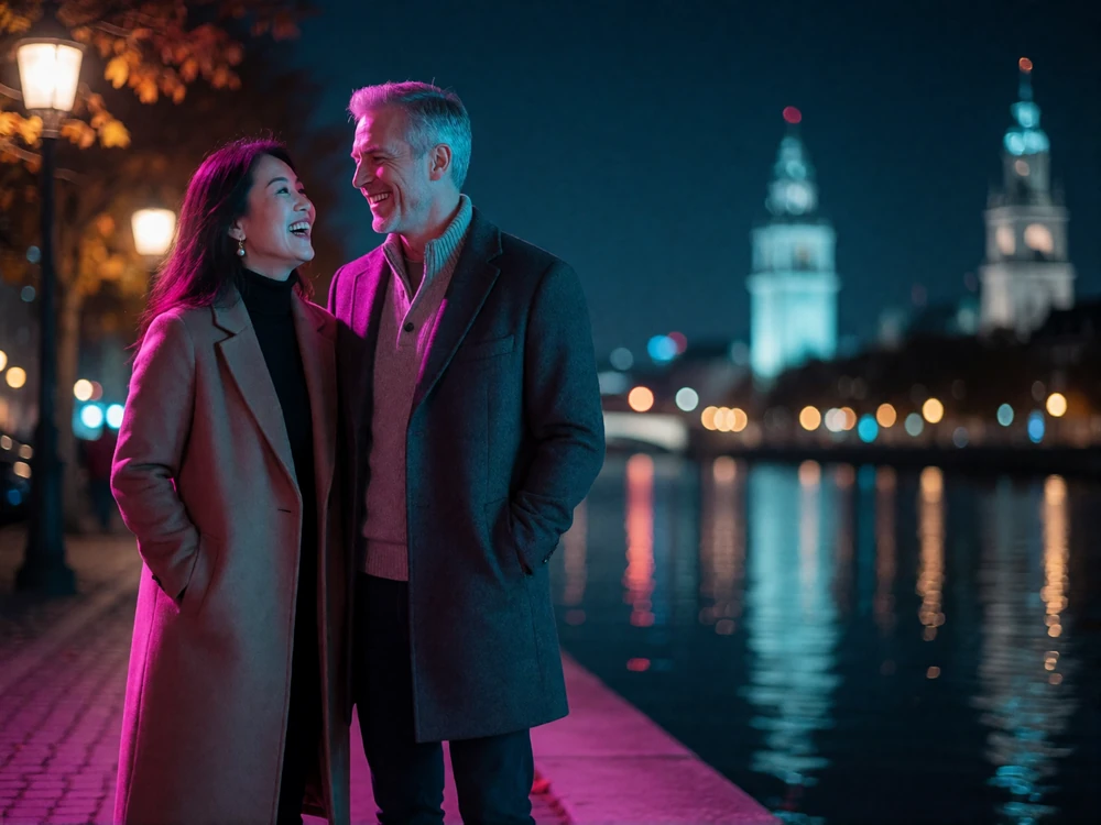 Couple laughing together on an illuminated riverside walkway at night, representing a Taiwanese Dating success story