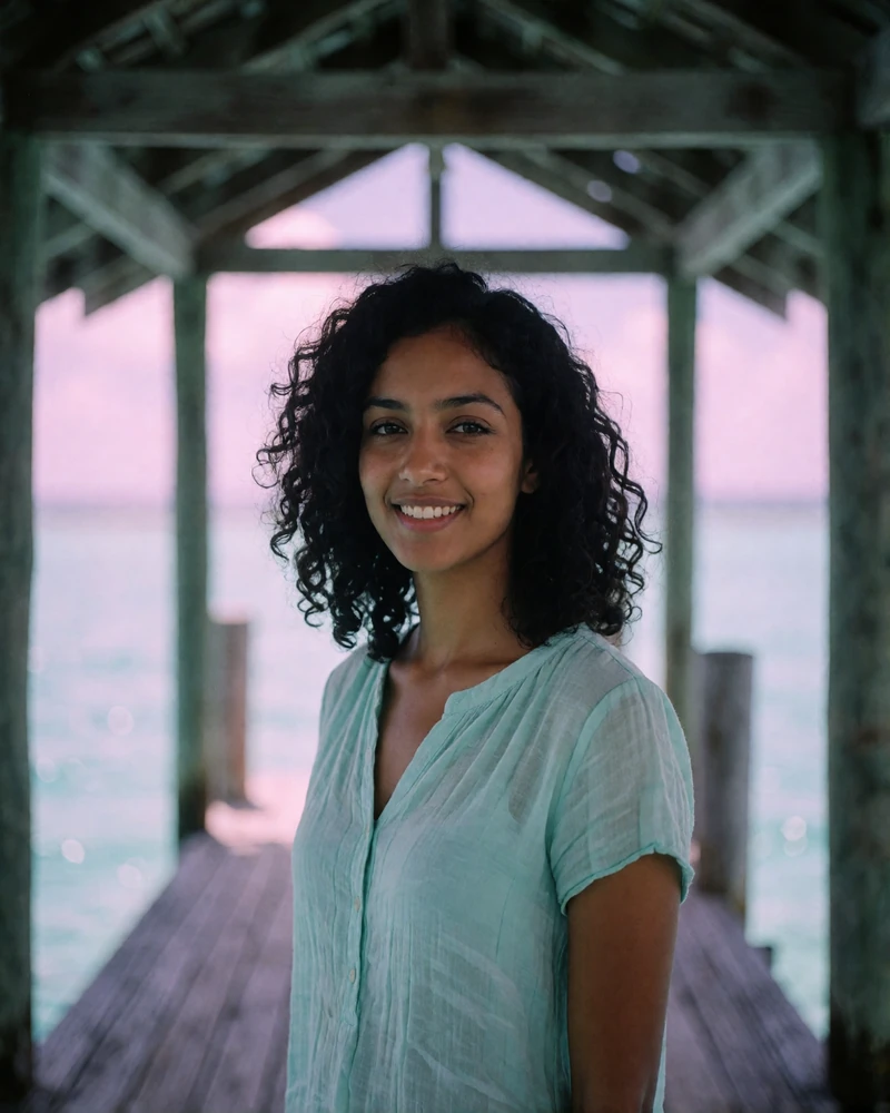 South Asian island woman in her mid twenties in a light aqua blouse standing on a shaded wooden jetty