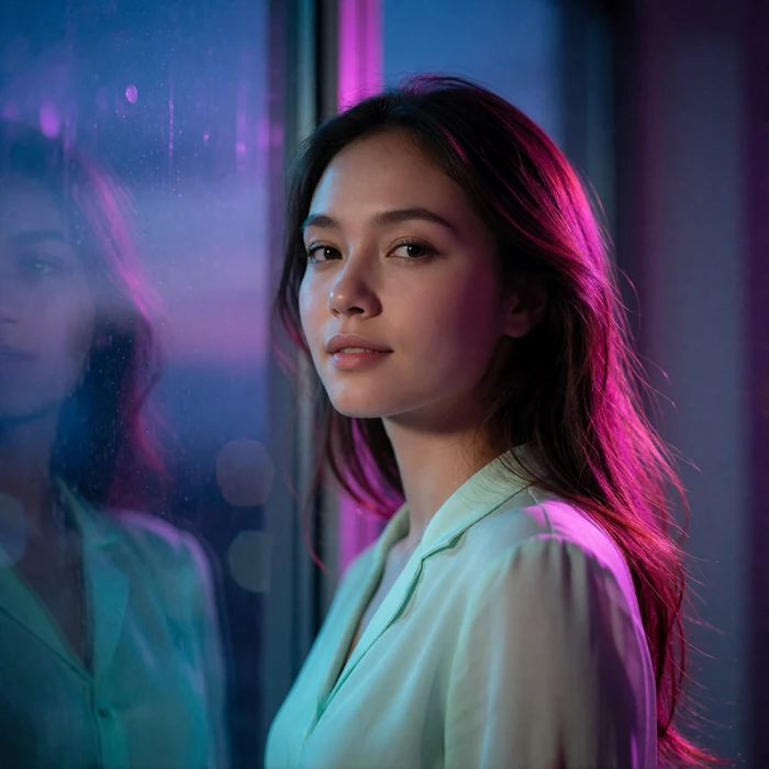 Cambodian woman in her mid twenties beside a window at blue hour with soft evening light on her face