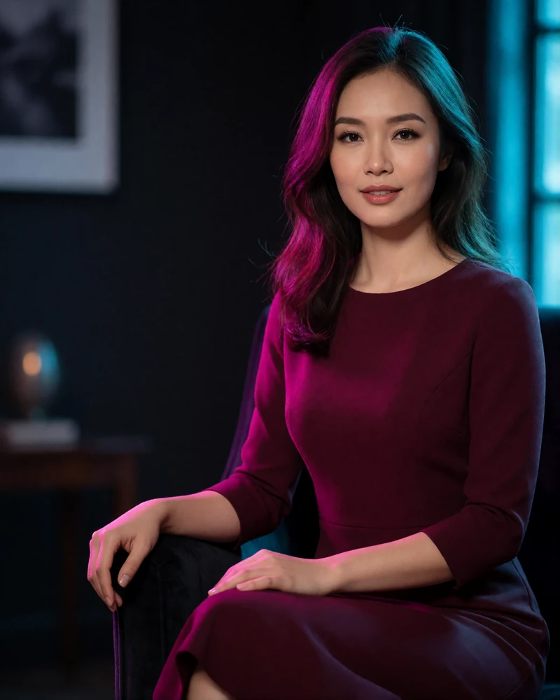 Vietnamese woman in her early thirties in a fitted burgundy dress seated in a refined evening interior