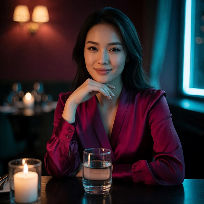 Mongolian woman in her mid twenties seated at a candlelit restaurant table