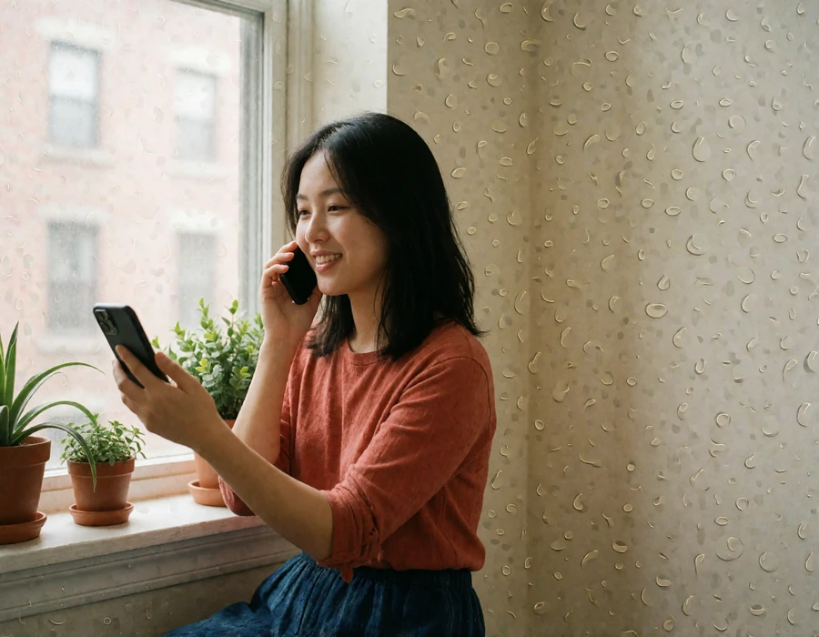 Young Asian woman sitting by a bright window smiling gently during a phone call with family