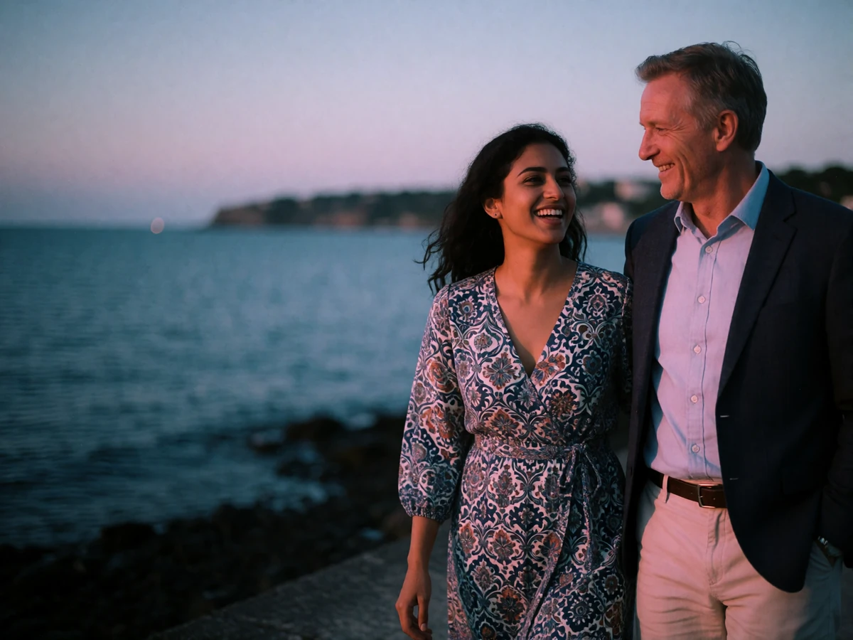 A Sri Lankan woman and an older Western man walking together along a seaside promenade at blue hour