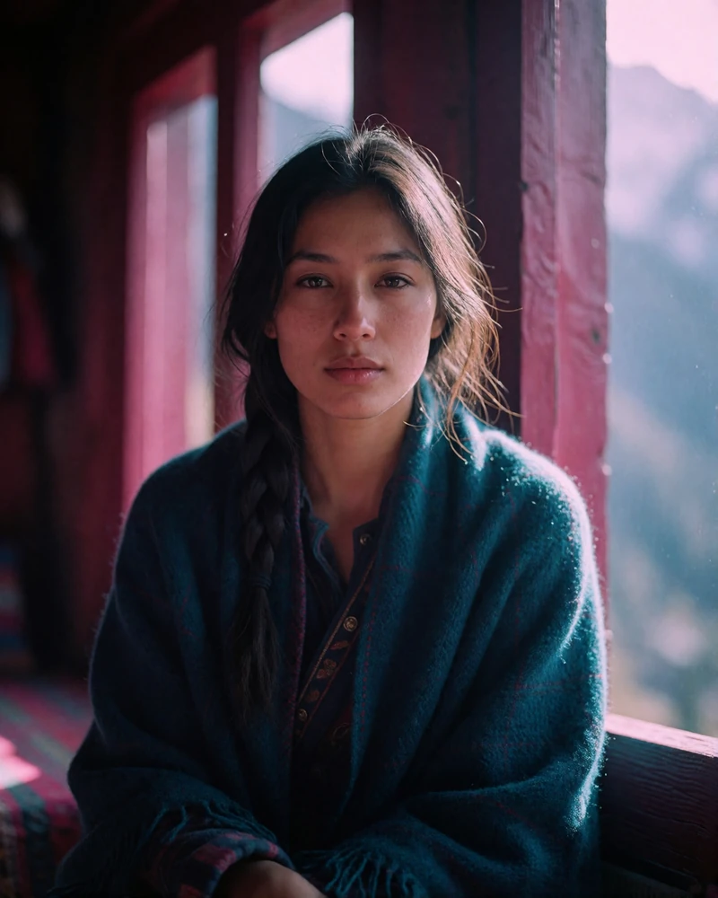 Nepali woman in her early thirties with a braid and a deep teal shawl seated by a wooden window in a dim interior