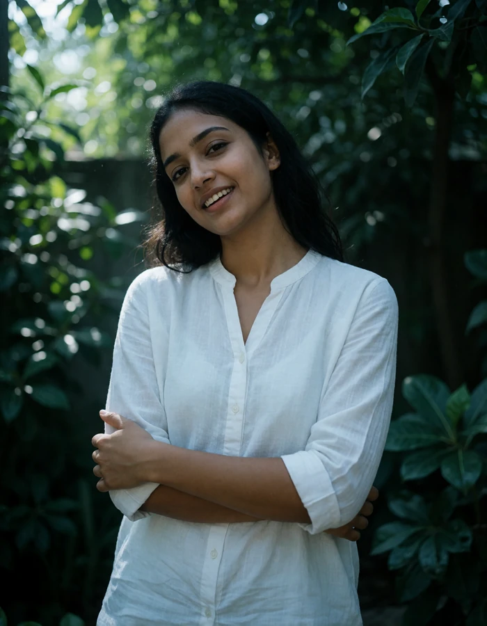 Indian woman in her mid-twenties smiling in a shaded green garden