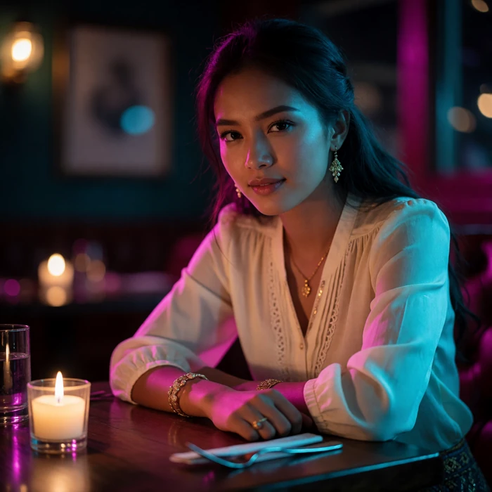 Cambodian woman in her late twenties seated at a candlelit restaurant table with a gentle smile