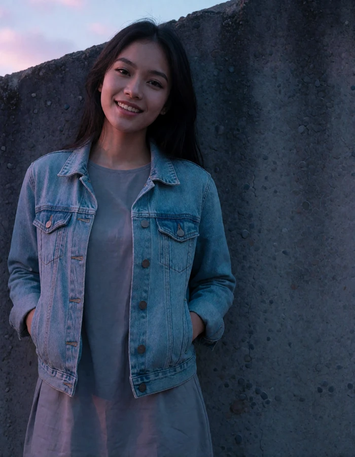 Indonesian woman in her mid-twenties in a light denim jacket leaning against a dark concrete wall with a candid smile