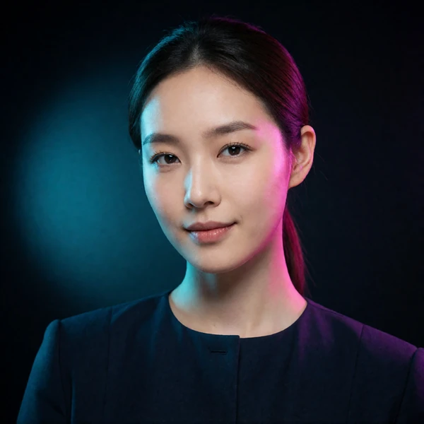 Portrait of a Korean woman in her late twenties in a dark navy top, a verified member of the Korean Dating community