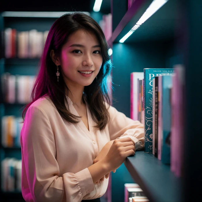 Taiwanese woman in her mid twenties leaning against a bookshelf in a quiet modern bookstore
