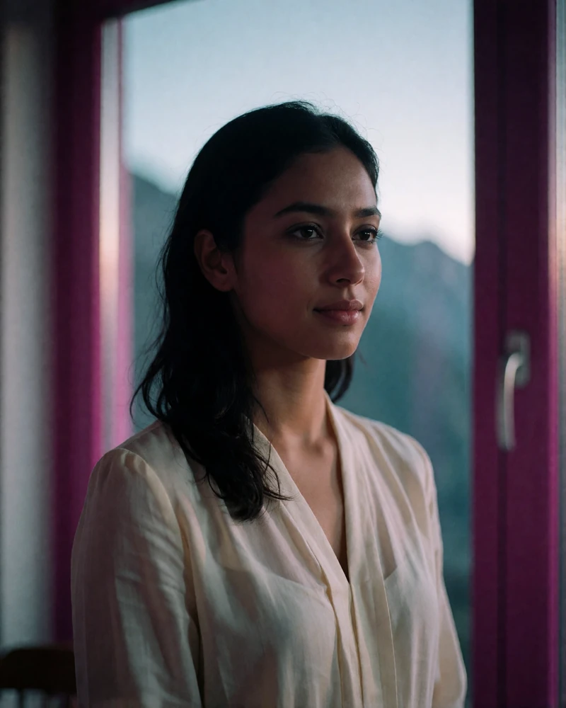 Nepali woman in her mid twenties in a cream blouse standing near a tall window with muted evening light
