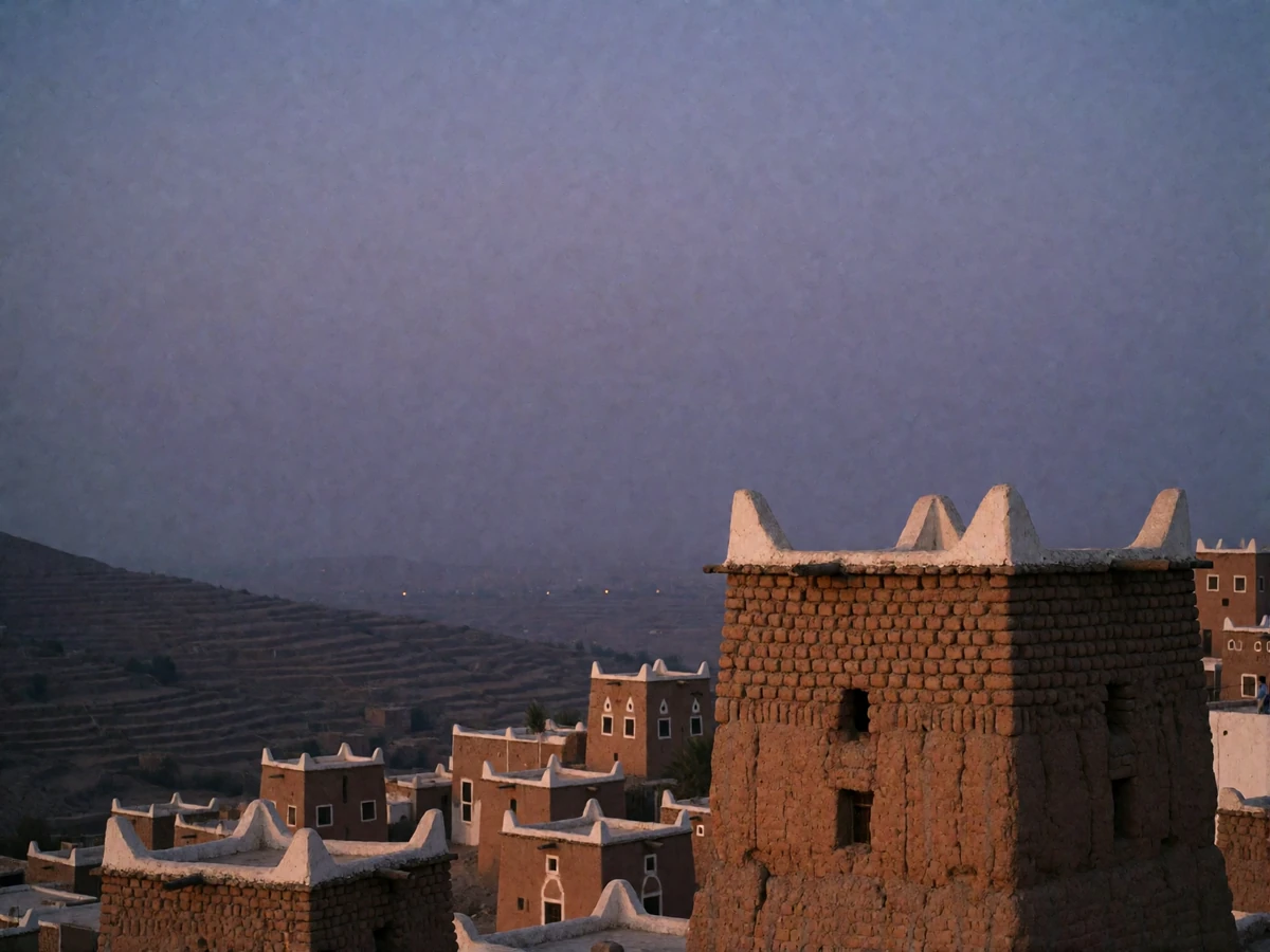 Dusk view of ancient tower houses in a Yemeni highland old town with mud-brick towers and white gypsum trim against a violet sky