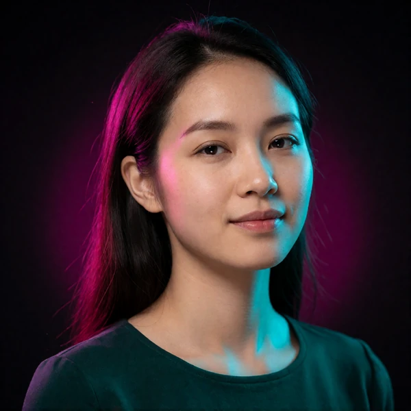 Portrait of a Vietnamese woman in her late twenties in a dark emerald top, a verified member of the Vietnamese Dating community