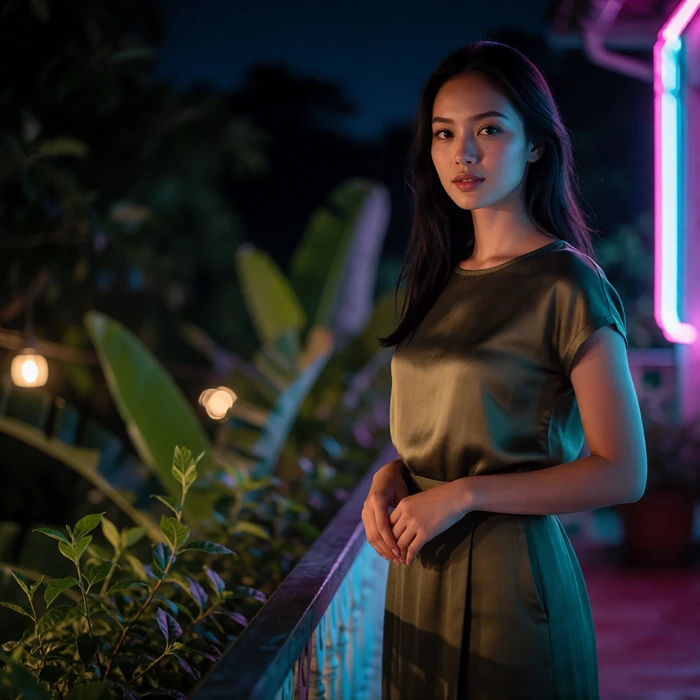 Cambodian woman in her early thirties standing on an open evening terrace in a flowing olive outfit