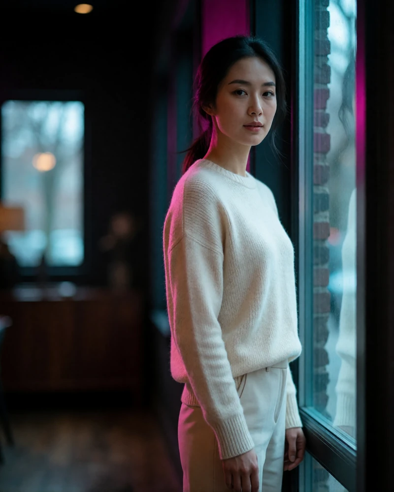 Chinese woman around thirty in a cream knit sweater standing beside a tall window in a quiet contemporary interior