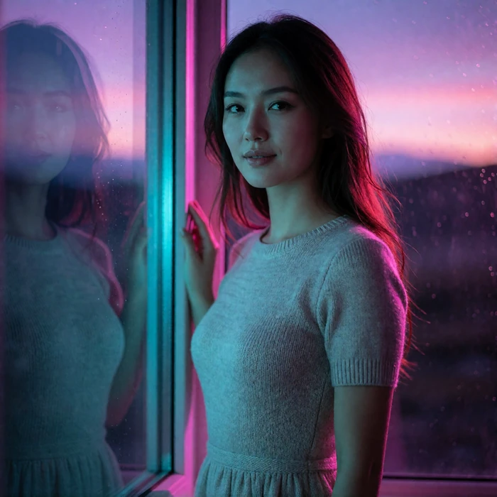 Mongolian woman in her early thirties beside a large window at dusk