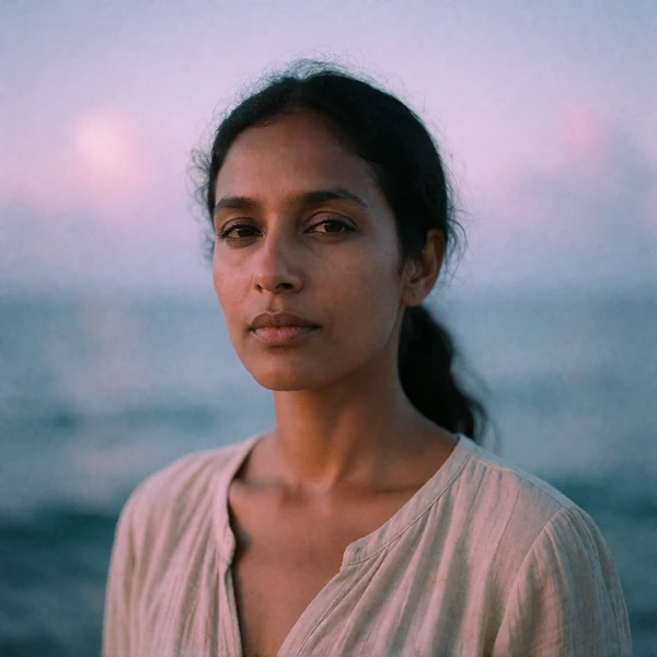 Portrait of a Maldivian woman in her thirties in a sand-colored blouse, a verified member of the Maldivian Dating community